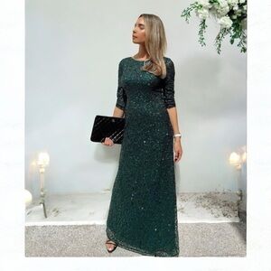 Adriana Papell 3/4 Sleeve Beaded Mermaid Gown in Dusty Emerald NWT